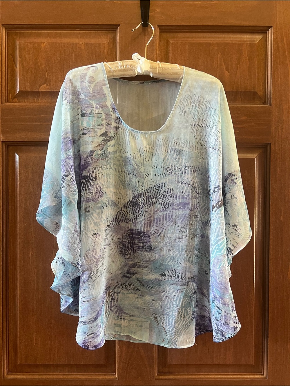 Chico’s Top Sheer Blouse Abstract Print Blue Multicolor Size M